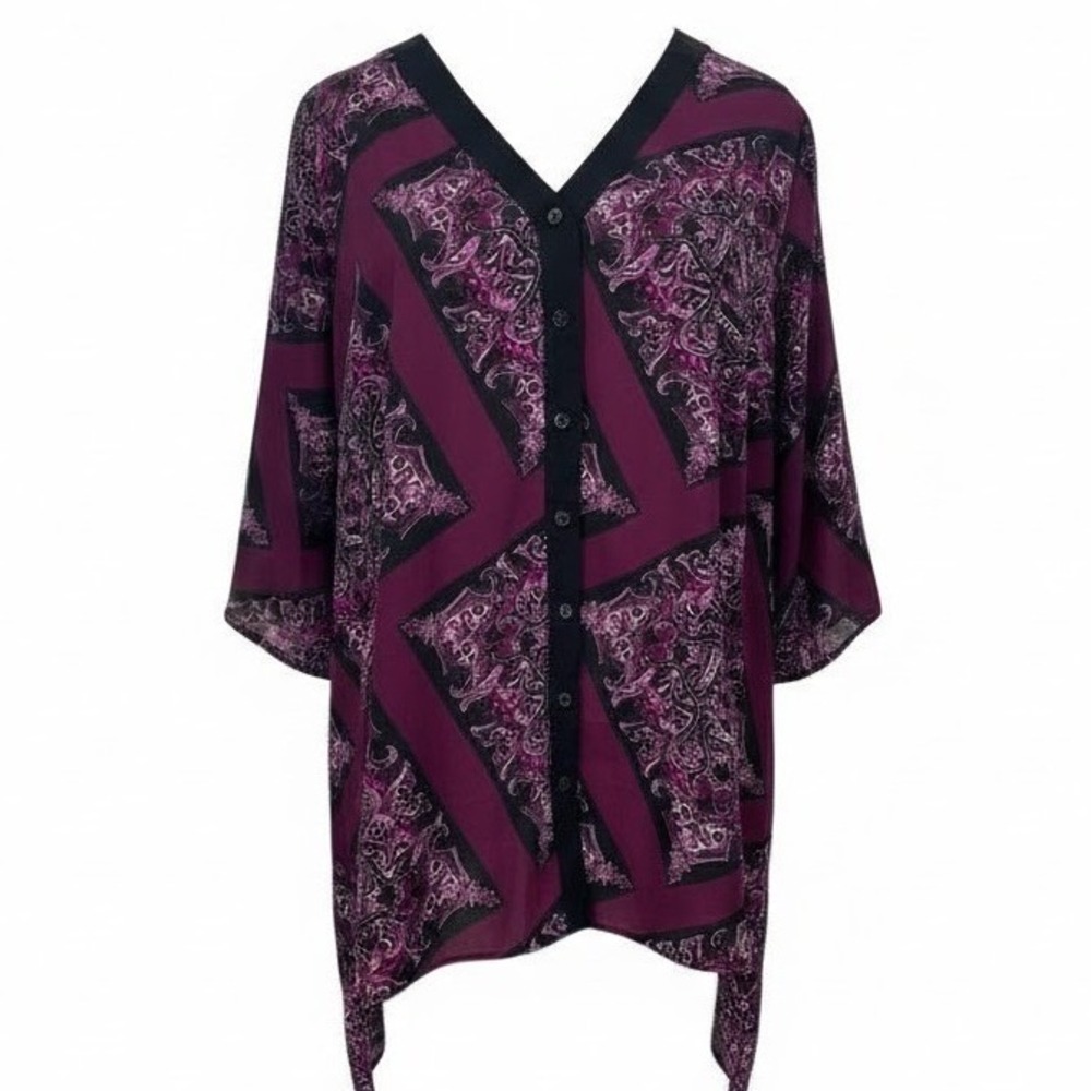 NEW Slim Factor Investments Woman 1X Purple Paisley Kimono Style Blouse Top